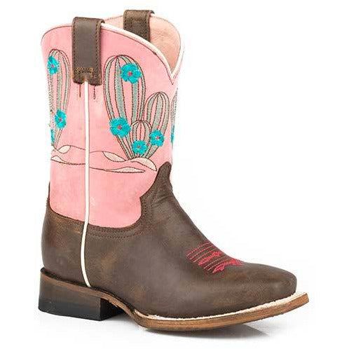 Kid's Roper Cactus Cutie Boots Handcrafted Brown - yeehawcowboy