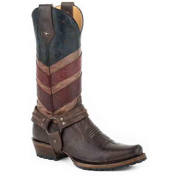 Men's Roper Old Glory Harness Biker Boots Handcrafted Brown - yeehawcowboy