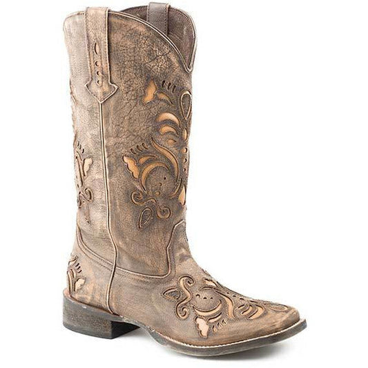 Women's Roper Belle Leather Boots Handcrafted Brown - yeehawcowboy