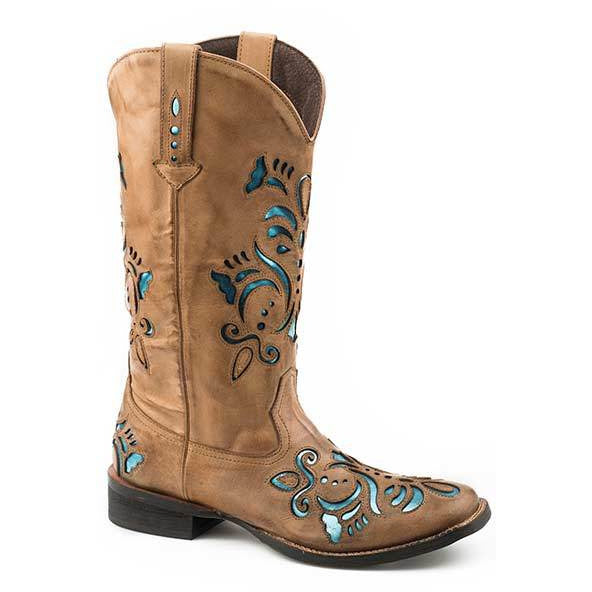 Women's Roper Belle Leather Boots Handcrafted Tan - yeehawcowboy