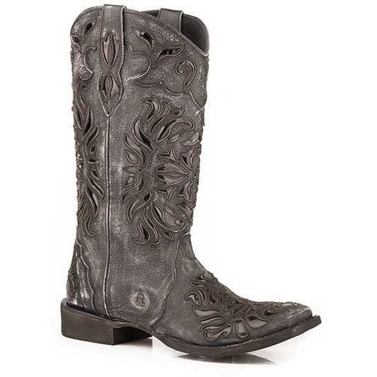 Women's Roper Belle II Leather Boots Handcrafted Black - yeehawcowboy