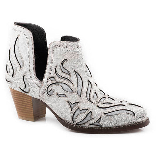 Women's Roper Rowdy Glitz Ankle Leather Boots Handcrafted White - yeehawcowboy