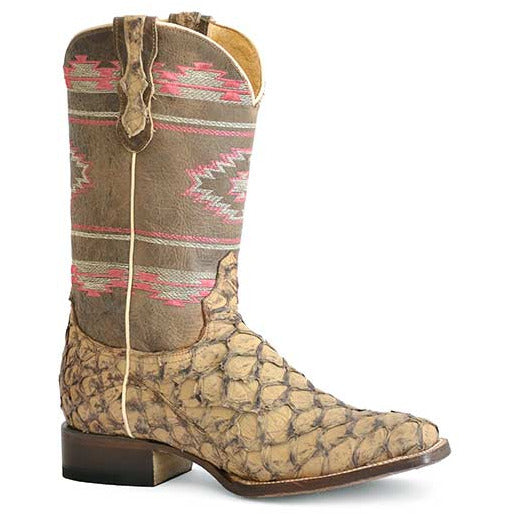 Women's Roper Big Fish Aztec Pirarucu Hybrid Sole Boots Handcrafted Tan - yeehawcowboy