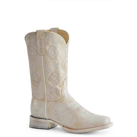 Women's Roper Aztec Leather Boots Handcrafted White - yeehawcowboy