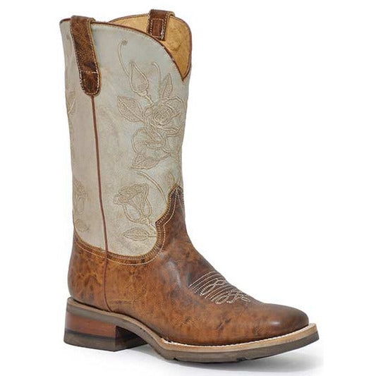 Women's Roper Roses Leather Boots Handcrafted Tan - yeehawcowboy