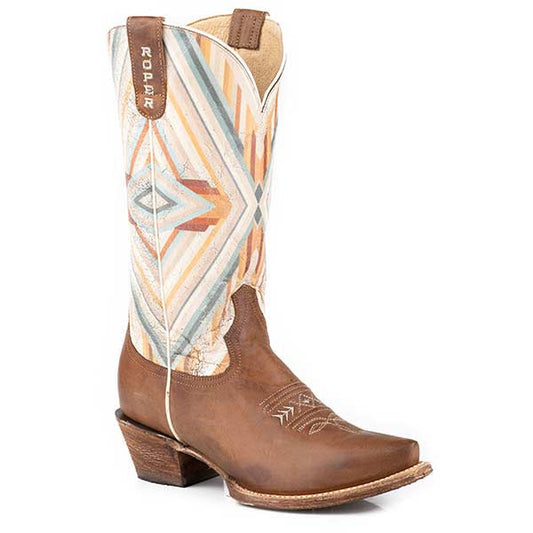 Women's Roper Zakota Leather Boots Handcrafted Tan - yeehawcowboy