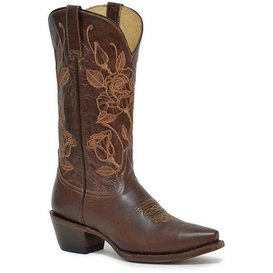 Women's Roper Desert Rose Leather Boots Handcrafted Brown - yeehawcowboy