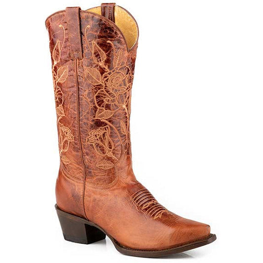 Women's Roper Desert Rose Leather Boots Handcrafted Brown - yeehawcowboy