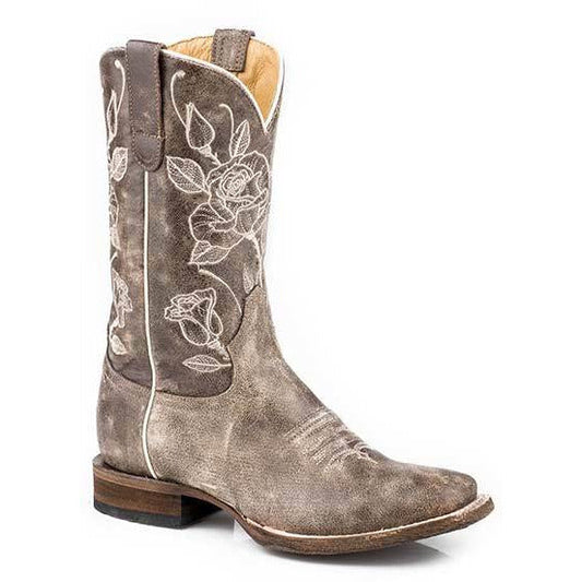 Women's Roper Desert Rose Leather Boots Handcrafted Brown - yeehawcowboy