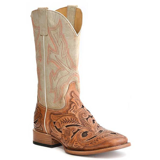 Men's Stetson Handtooled Wicks Leather Boots Handcrafted Brown - yeehawcowboy