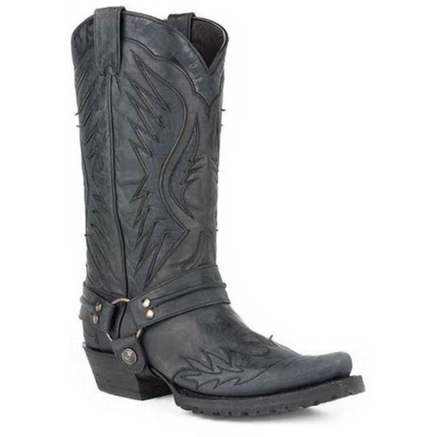 Men's Stetson Biker Outlaw Eagle Boots Square Rocker Toe Handcrafted Black - yeehawcowboy