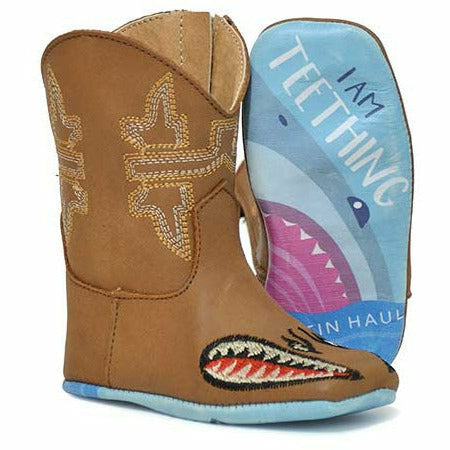 Baby Tin Haul Sharky Boots with Beware I'M Teething Sole Handcrafted Tan - yeehawcowboy