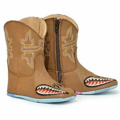 Baby Tin Haul Sharky Boots with Beware I'M Teething Sole Handcrafted Tan - yeehawcowboy