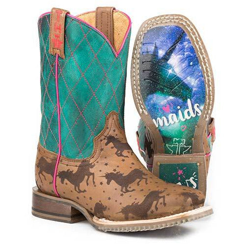 Kid's Tin Haul Magic Unicorns Boots With Chasing Rainbows Sole Handcrafted Tan - yeehawcowboy