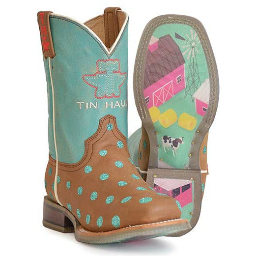 Kid's Tin Haul Little Dotty Boots Pretty Lil Farm Sole Handcrafted Tan - yeehawcowboy