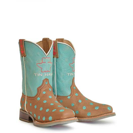 Kid's Tin Haul Little Dotty Boots Pretty Lil Farm Sole Handcrafted Tan - yeehawcowboy