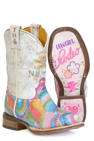 Kid's Tin Haul Color Burst Boots With Cowgirl Sole Handcrafted Multi