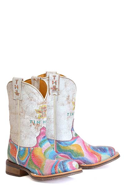 Kid's Tin Haul Color Burst Boots With Cowgirl Sole Handcrafted Multi