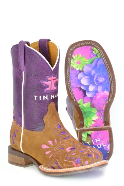 Kid's Tin Haul Mandala Boots With Paper Flowers Sole Handcrafted Tan