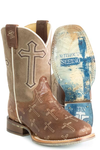 Kid's Tin Haul Holy Son Boots With Blessed Are Those Sole Handcrafted Brown