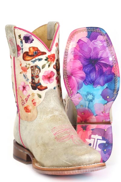 Kid's Tin Haul Lets Go Cowgirl Boots With Flower Power Sole Handcrafted Tan