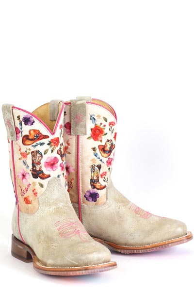 Kid's Tin Haul Lets Go Cowgirl Boots With Flower Power Sole Handcrafted Tan