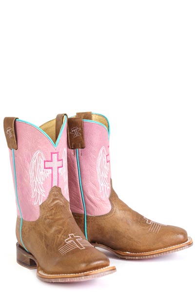 Kid's Tin Haul Angel Wings Boots With Blessed Are Those Sole Handcrafted Brown