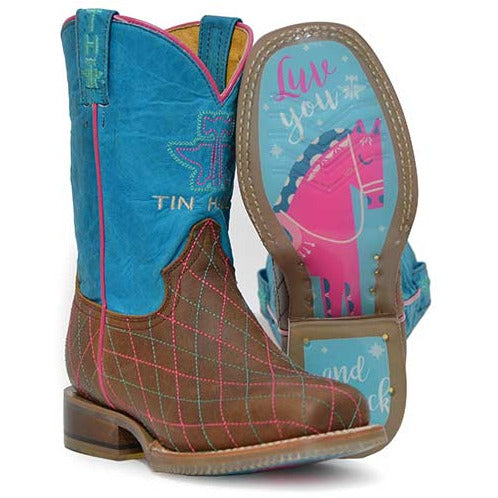 Kid's Tin Haul Hearts & Colts Boots With To The Barn & Back Sole Handcrafted Brown - yeehawcowboy