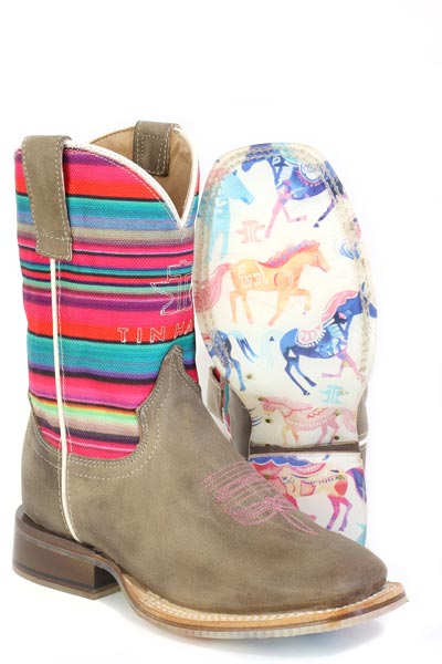 Kid's Tin Haul Happy Serape Boots With Colorful Horses Sole Handcrafted Tan