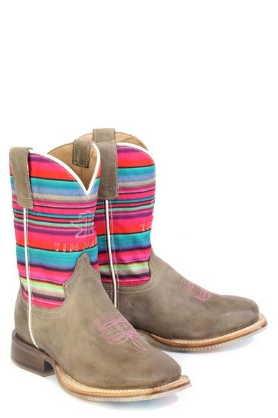 Kid's Tin Haul Happy Serape Boots With Colorful Horses Sole Handcrafted Tan