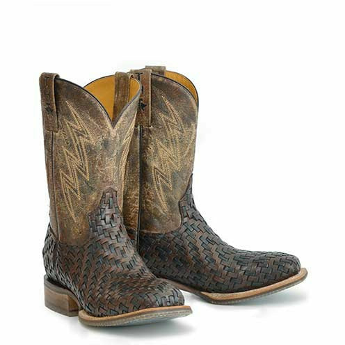 Men's Tin Haul Wickered Boots with Bull Rider Sole Handcrafted Brown - yeehawcowboy