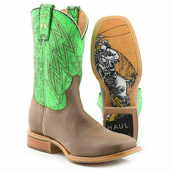 Men's Tin Haul Neon Bolt Boots with Yipee Ki Yay Sole Handcrafted Tan - yeehawcowboy