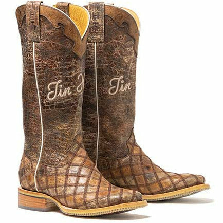 Women's Tin Haul Patches Boots Wild West Sole Handcrafted Brown - yeehawcowboy