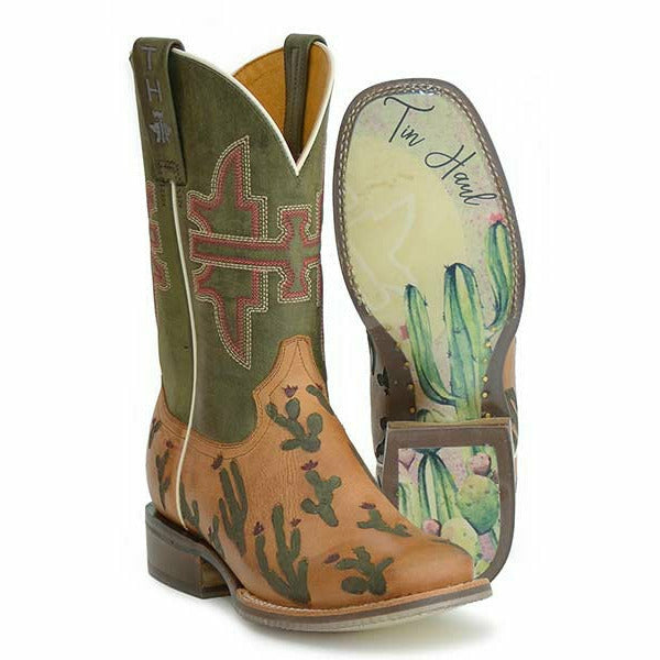 Women's Tin Haul Cactaplicity Boots Desert Moon Sole Handcrafted Tan - yeehawcowboy