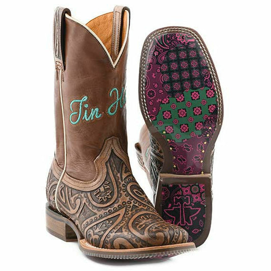 Women's Tin Haul Paisley Queen Boots Bandana Patchwork Sole Handcrafted Brown - yeehawcowboy