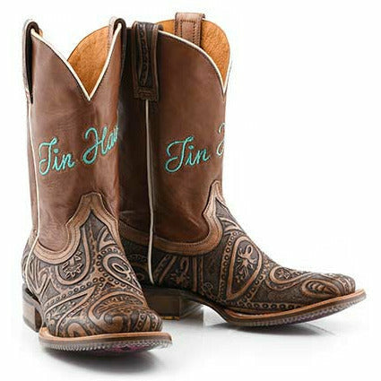 Women's Tin Haul Paisley Queen Boots Bandana Patchwork Sole Handcrafted Brown - yeehawcowboy