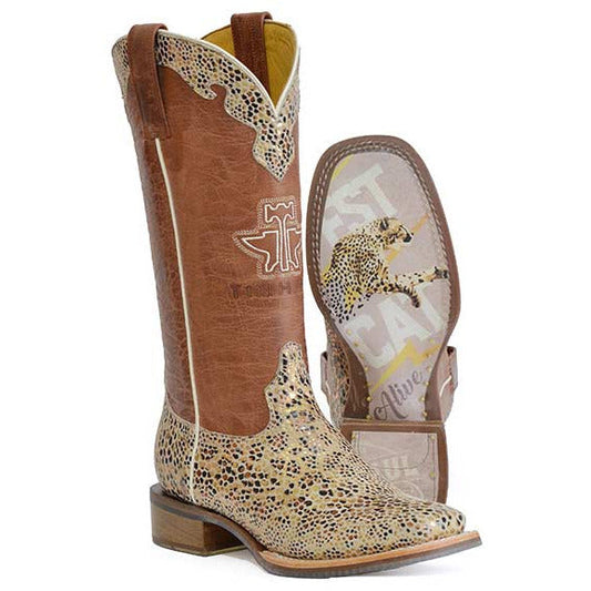 Women's Tin Haul Golden Cheetah Boots with Fastest Cat Alive Sole Handcrafted Brown - yeehawcowboy