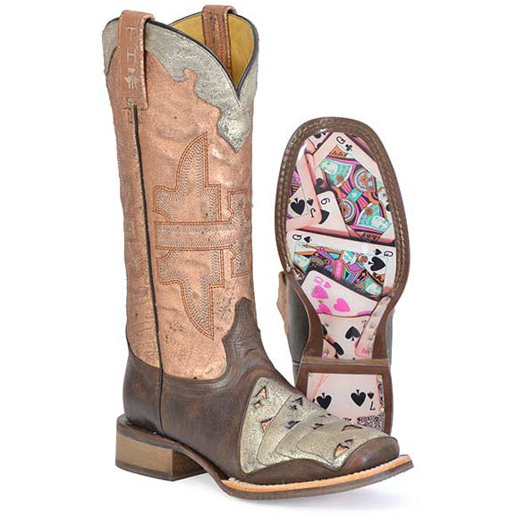 Women's Tin Haul Four of a Kind Boots with Pick a Card Sole Handcrafted Brown - yeehawcowboy