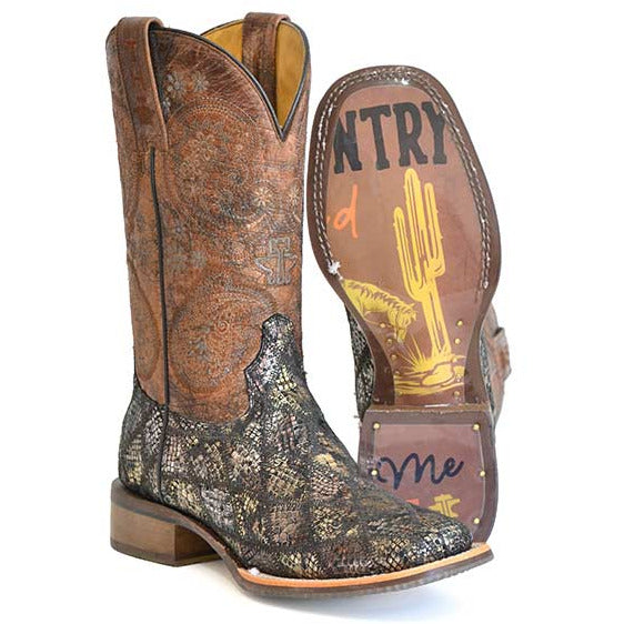 Women's Tin Haul Paisley Python Print Boots with Country Road Sole Handcrafted Brown - yeehawcowboy