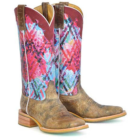 Women's Tin Haul Blooming Free Boots with Retro Cowgirl Sole Handcrafted Brown - yeehawcowboy