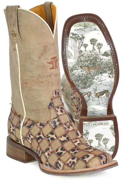 Botas Tin Haul Cheetah Chick para mujer con suela de guepardo, hechas a mano en marrón