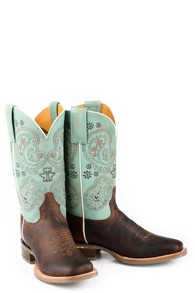 Botas Tin Haul Yee Haw Two para mujer con suela de piel de vaca Paisley, hechas a mano en marrón