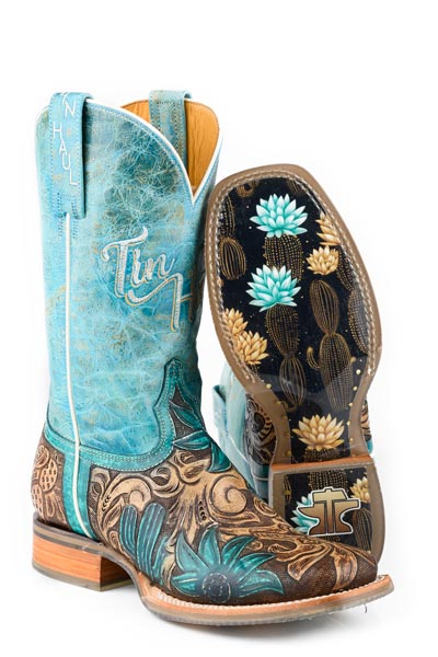 Women's Tin Haul Cactus Flower Boots With Desert Sole Handcrafted Brown