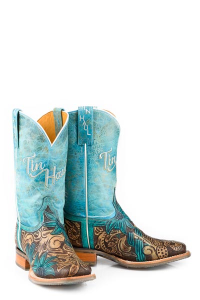 Women's Tin Haul Cactus Flower Boots With Desert Sole Handcrafted Brown