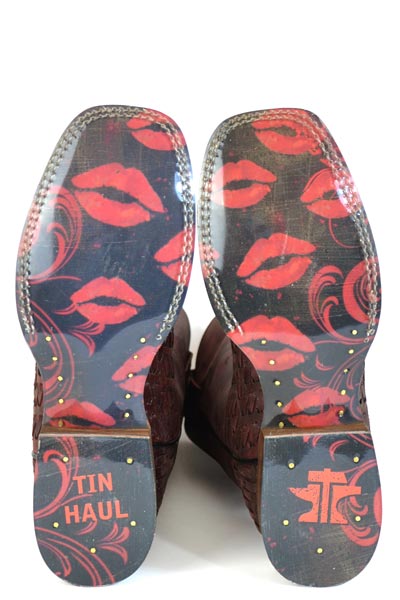 Women's Tin Haul Roses Are Red Boots With Kiss Me Sole Handcrafted Red