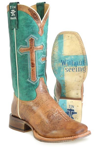 Women's Tin Haul Crucifix Boots With Blessed Are Blessed Are Those Sole Handcrafted Brown