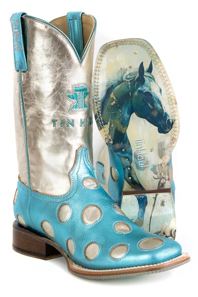 Women's Tin Haul Polka Dot Diva Boots With Petal Pony Sole Handcrafted Blue