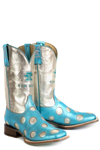 Women's Tin Haul Polka Dot Diva Boots With Petal Pony Sole Handcrafted Blue