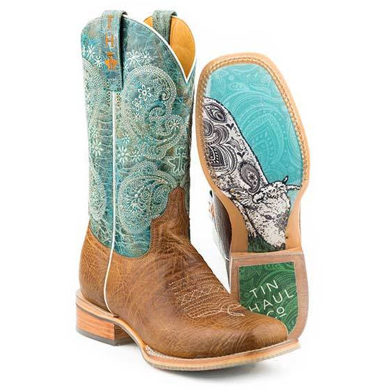 Women‚Äôs Tin Haul Yee-Haw Boots With Paisley Calf Sole Handcrafted Tan - yeehawcowboy