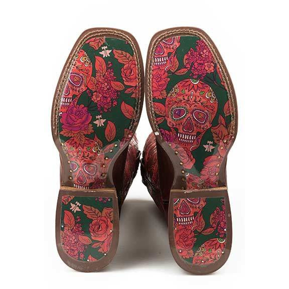 Women's Tin Haul Mon Cherry Boots With Skull And Roses Sole Handcrafted - yeehawcowboy